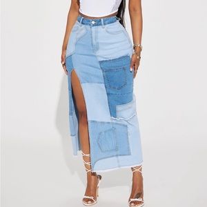 Patchwork denim maxi skirt fashion nova